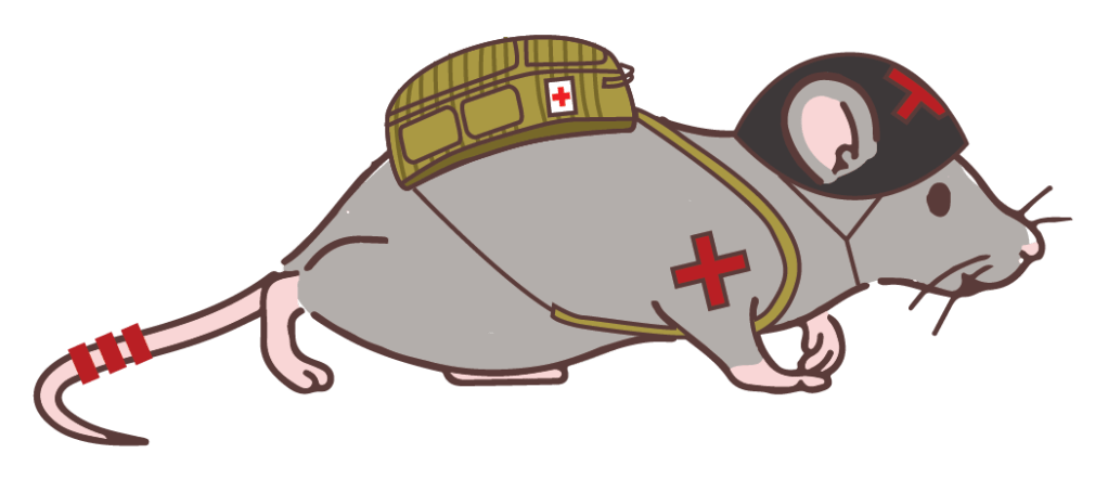 A vector illustration of a gray rat wearing a black helmet and an olive green medic pack. The rat has red cross markings on its helmet and shoulder and red tape wrapped around its tail.