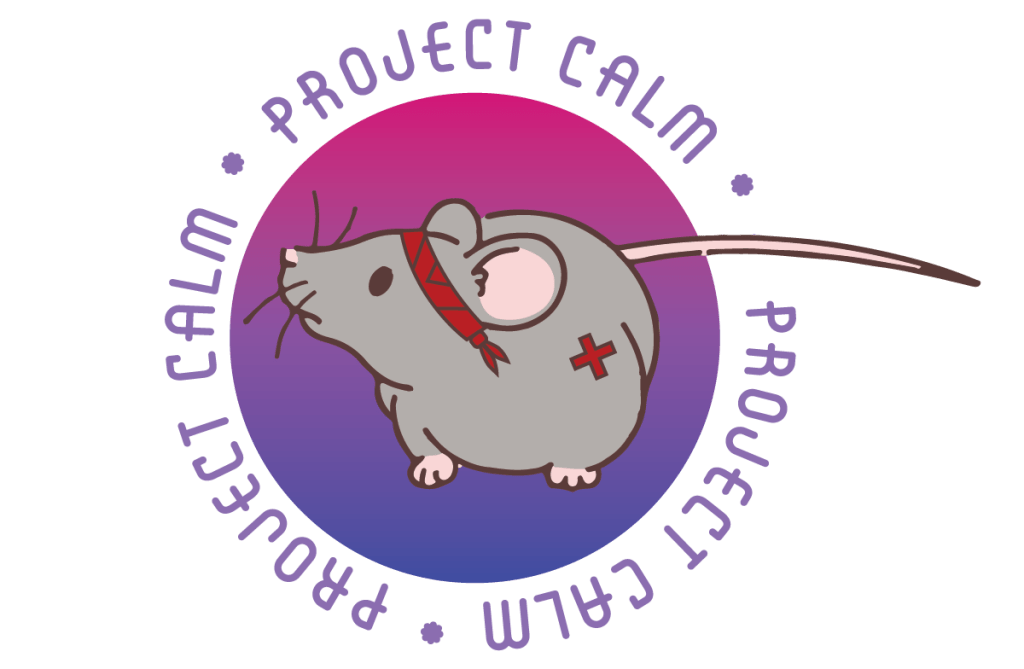 A vector illustration of a gray rat with a red cross on its shoulder and a red headband, inset on a pink-to-purple gradient circle. Surrounding the circle are the words PROJECT CALM repeated three times.