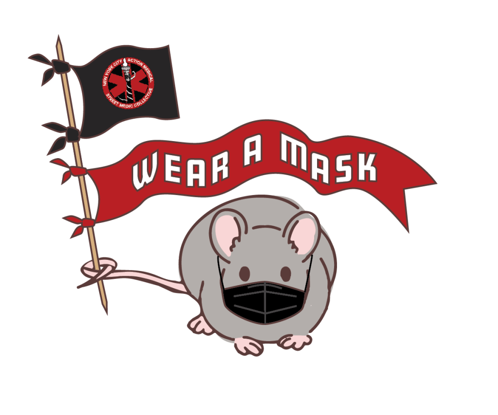A vector illustration of a gray rat wearing a black KN95 face mask. The rat is holding a toothpick flagpole with a flag and a banner. The flag is on top, and it is black with the NYC Action Medical logo. The banner is on the bottom, and it is red with the words "Wear a Mask" in white.