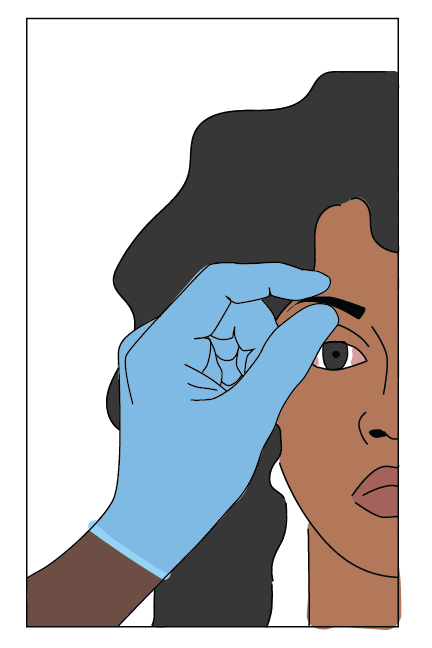 A person with dark brown skin uses their gloved hand to pinch the upper eyelid and brow of the person they are supporting, lifting up to open their eye. The person being supported has brown skin and dark curly hair. Their eye is inflamed from chemical weapons exposure.