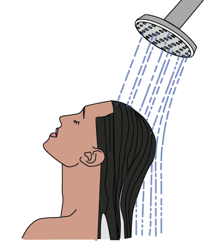A person with tan skin and long, dark, straight hair begins their shower by leaning their head back into the water to wash chemicals from their hair without the risk of chemicals running into their eyes and face.